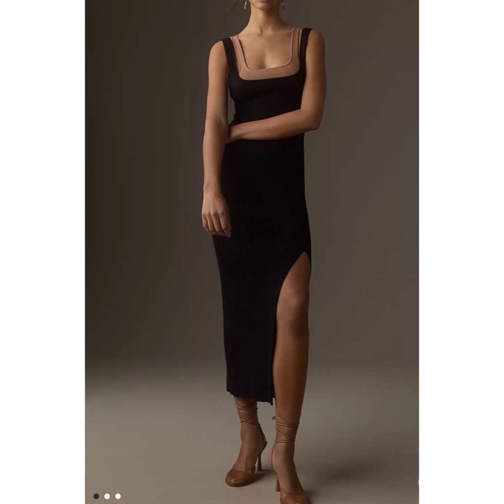 By Anthropologie Sleeveless Double-Layer Stretch Midi Dress Rib MED Black Brown